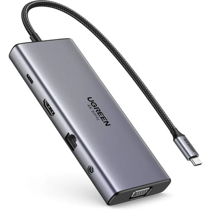 Hub USB-C UGREEN CM639 (45520), 2 x USB-A 3.2 - 3 x USB-C - 1 x HDMI - 1 x VGA - 1 x Jack 3.5mm - 1 x RJ45 - 1 x SD - 1 x microSD, Γκρι
