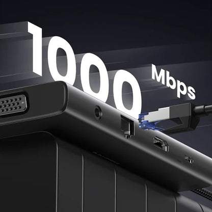 Hub USB-C UGREEN CM639 (45520), 2 x USB-A 3.2 - 3 x USB-C - 1 x HDMI - 1 x VGA - 1 x Jack 3.5mm - 1 x RJ45 - 1 x SD - 1 x microSD, Γκρι
