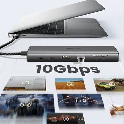 Hub USB-C UGREEN CM639 (45520), 2 x USB-A 3.2 - 3 x USB-C - 1 x HDMI - 1 x VGA - 1 x Jack 3.5mm - 1 x RJ45 - 1 x SD - 1 x microSD, Γκρι