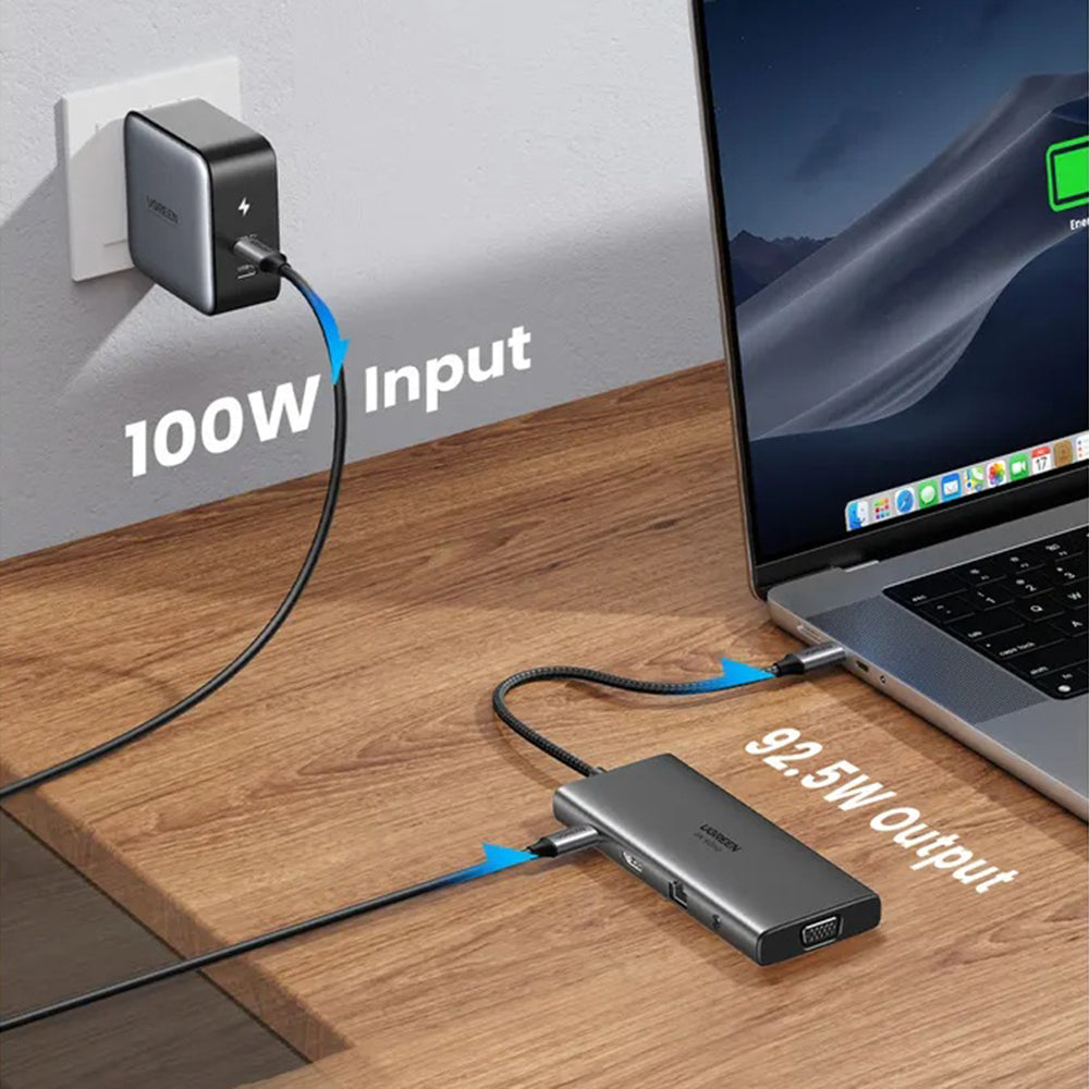 Hub USB-C UGREEN CM639 (45520), 2 x USB-A 3.2 - 3 x USB-C - 1 x HDMI - 1 x VGA - 1 x Jack 3.5mm - 1 x RJ45 - 1 x SD - 1 x microSD, Γκρι