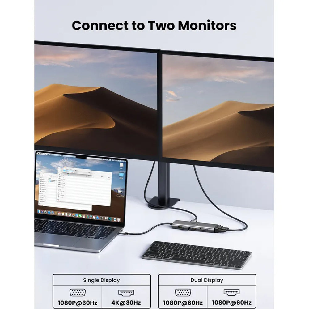 Hub USB-C UGREEN CM639 (45520), 2 x USB-A 3.2 - 3 x USB-C - 1 x HDMI - 1 x VGA - 1 x Jack 3.5mm - 1 x RJ45 - 1 x SD - 1 x microSD, Γκρι