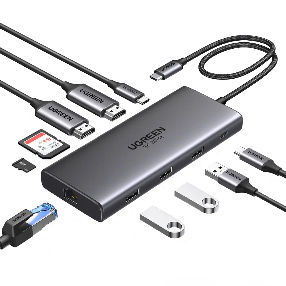 Hub USB-C UGREEN Revodok Pro 210 CM639, 1 x USB-A 3.0 - 2 x USB-A - 2 x USB-C - 2 x HDMI - 1 x RJ45 - 1 x SD - 1 x microSD, Γκρι