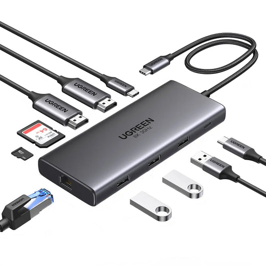Hub USB-C UGREEN Revodok Pro 210 CM639, 1 x USB-A 3.0 - 2 x USB-A - 2 x USB-C - 2 x HDMI - 1 x RJ45 - 1 x SD - 1 x microSD, Γκρι
