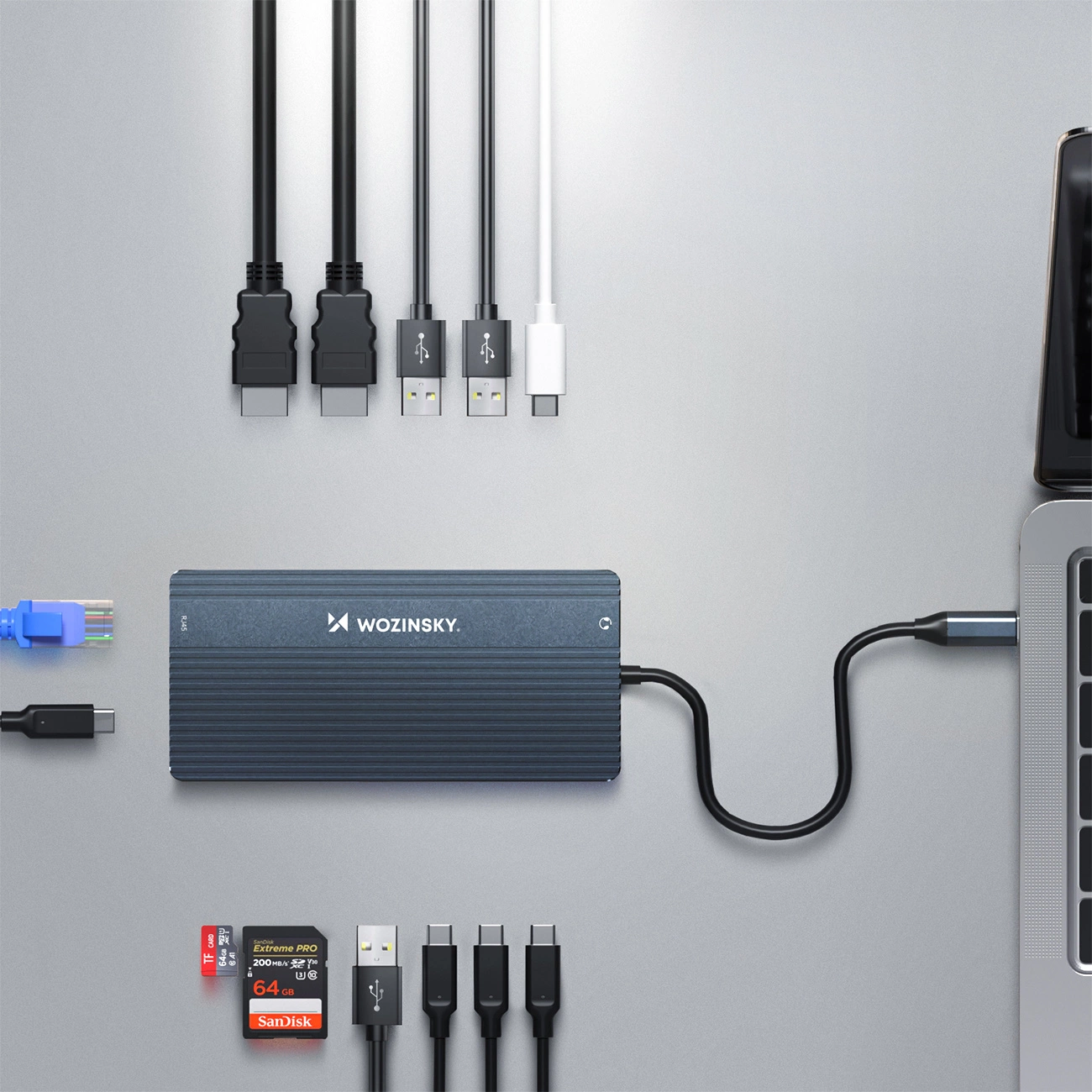 Hub USB-C WZK WDS03Y5S, 1 x USB-A 3.1 - 2 x USB-A - 5 x USB-C - 2 x HDMI - 1 x Jack 3.5mm - 1 x RJ45 - 1 x SD - 1 x microSD, Γκρι