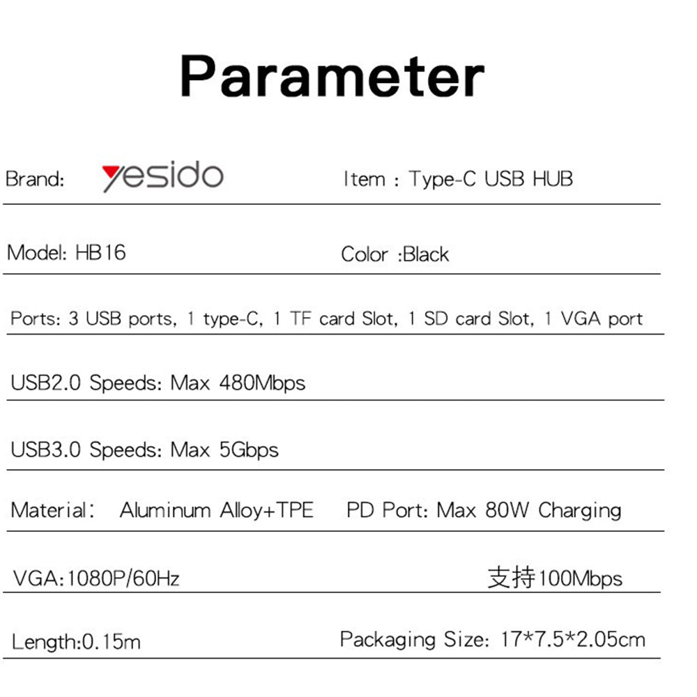 Hub USB-C Yesido HB16, 7in1, Γκρι