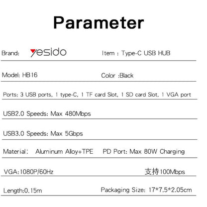 Hub USB-C Yesido HB16, 7in1, Γκρι