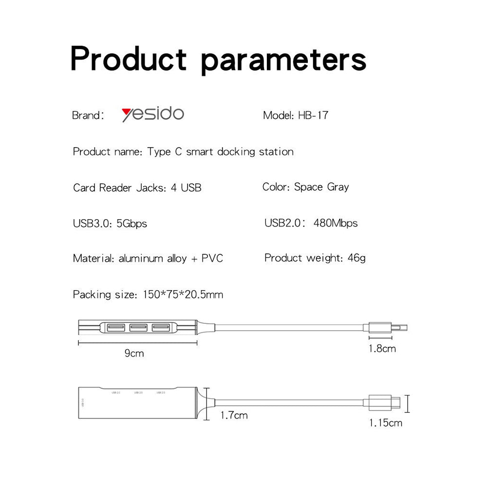 Hub USB-C Yesido HB17, 4in1, Γκρι