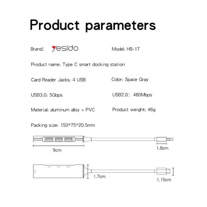 Hub USB-C Yesido HB17, 4in1, Γκρι