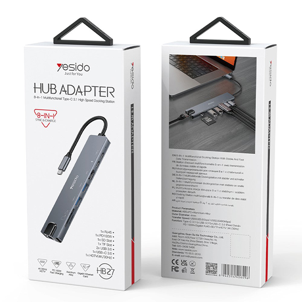 Hub USB-C Yesido HB27, 8in1, Γκρι