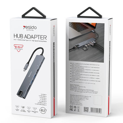 Hub USB-C Yesido HB27, 8in1, Γκρι