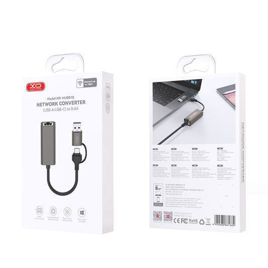 Κάρτα Δικτύου XO Design HUB018, RJ45, USB-C / USB, Γκρι