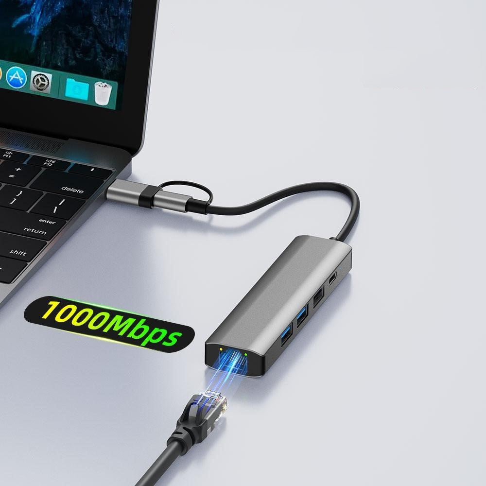 Hub USB / USB-C Techsuit H3 BoostNetLink, 5 σε 1, Γκρι