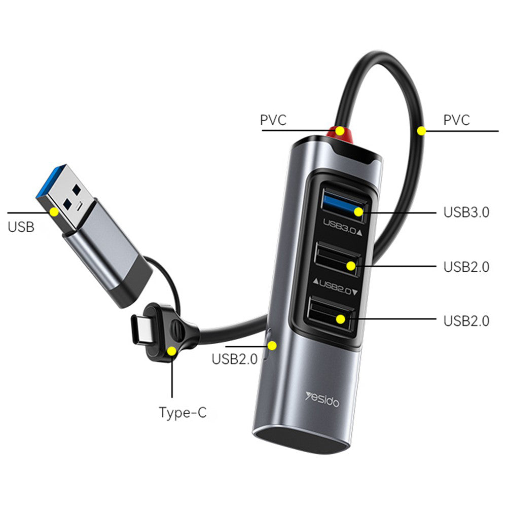 Hub USB / USB-C Yesido HB19, 4in1, Γκρι