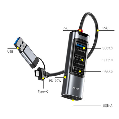 Hub USB / USB-C Yesido HB20, 5in1, Γκρι