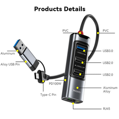 Hub USB / USB-C Yesido HB21, 5in1, Γκρι