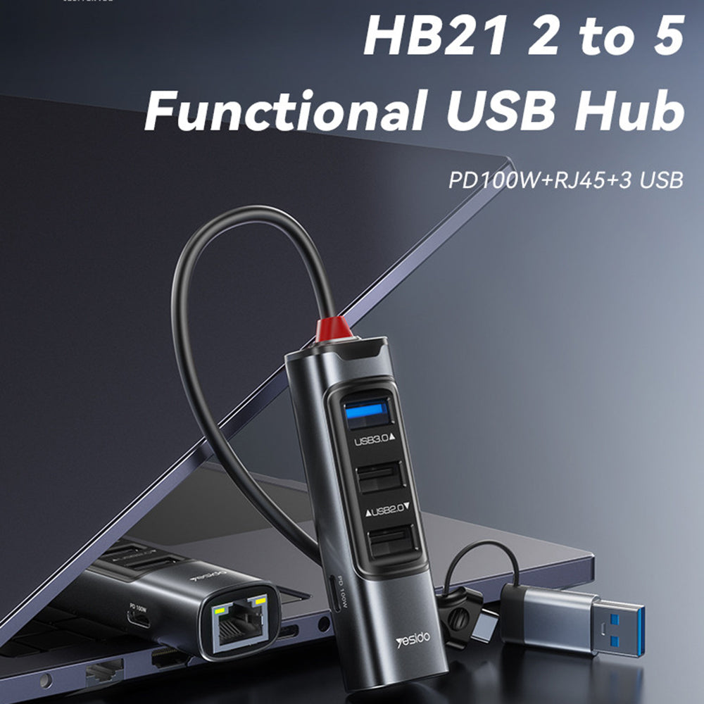 Hub USB / USB-C Yesido HB21, 5in1, Γκρι