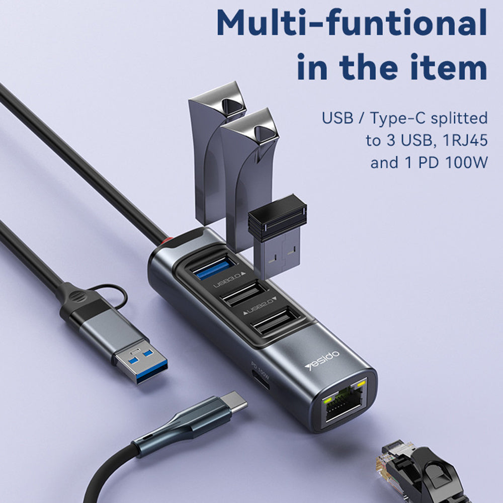 Hub USB / USB-C Yesido HB21, 5in1, Γκρι