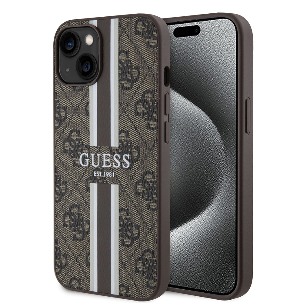 Θήκη MagSafe για Apple iPhone 15, Guess, 4G Printed Stripes, Καφέ