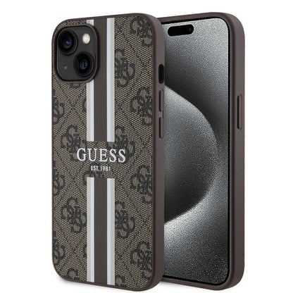 Θήκη MagSafe για Apple iPhone 15, Guess, 4G Printed Stripes, Καφέ