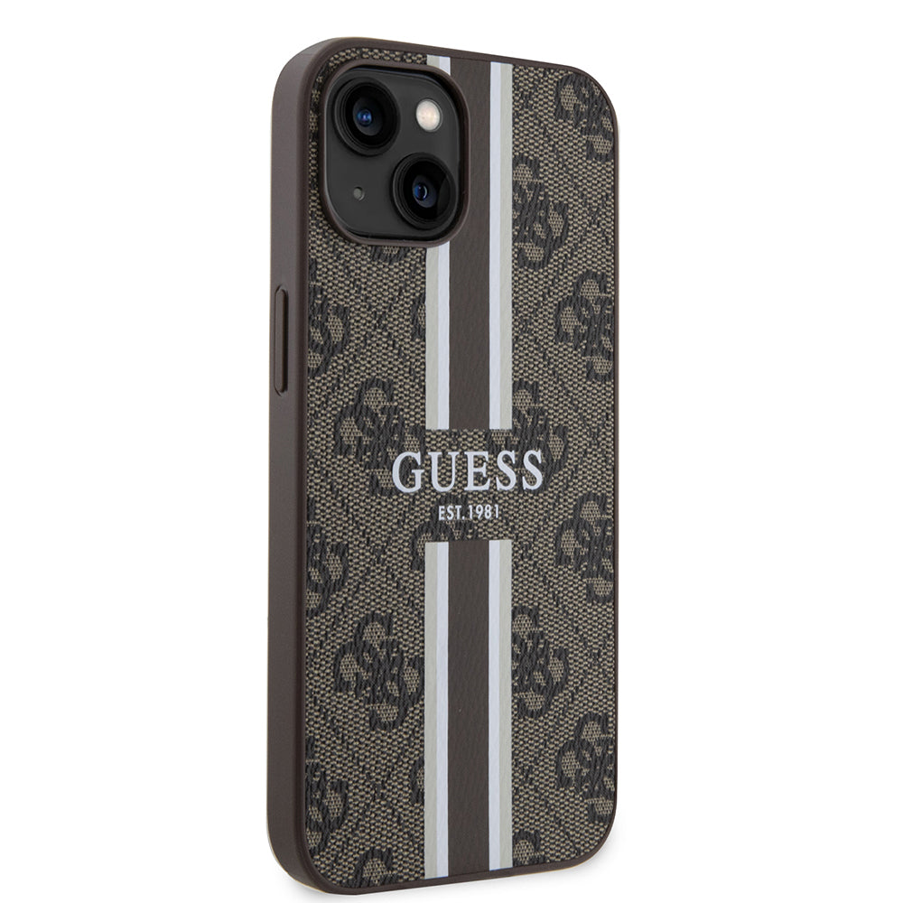 Θήκη MagSafe για Apple iPhone 15, Guess, 4G Printed Stripes, Καφέ