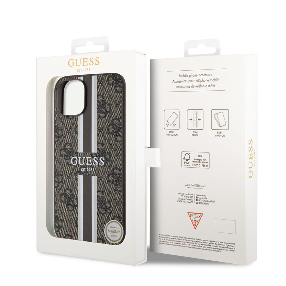 Θήκη MagSafe για Apple iPhone 15, Guess, 4G Printed Stripes, Καφέ