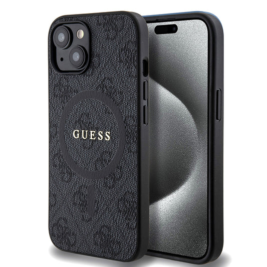 Θήκη MagSafe για Apple iPhone 15, Guess, 4G Ring Classic Logo, Μαύρη