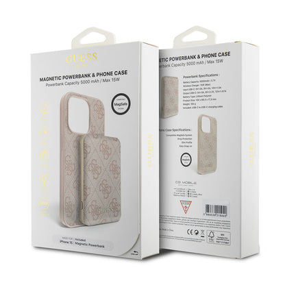 Θήκη MagSafe για Apple iPhone 15, Guess, Powerbank 4G Metal Logo, Ροζ