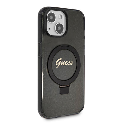 Θήκη MagSafe για Apple iPhone 15, Guess, Ring Stand Script Glitter, Μαύρη