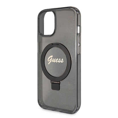 Θήκη MagSafe για Apple iPhone 15, Guess, Ring Stand Script Glitter, Μαύρη