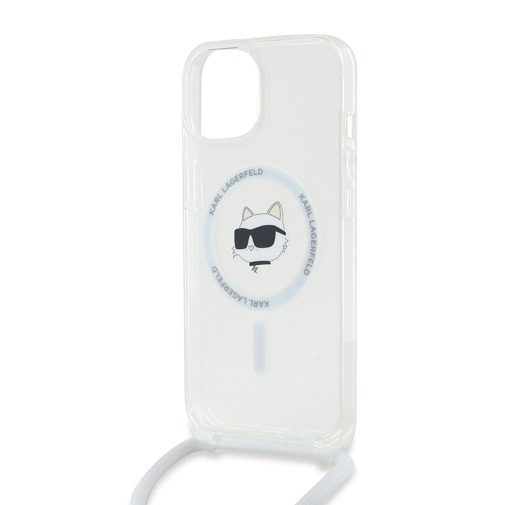 Θήκη MagSafe για Apple iPhone 15, Karl Lagerfeld, IML Crossbody Choupette's Head with Strap, Διάφανη