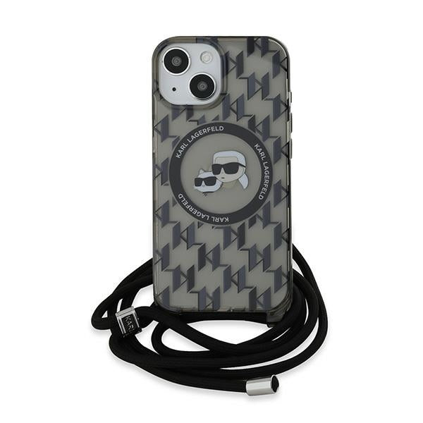 Θήκη MagSafe για Apple iPhone 15, Karl Lagerfeld, IML Crossbody Monogram Karl & Choupette's Heads, Μαύρη