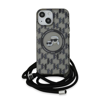 Θήκη MagSafe για Apple iPhone 15, Karl Lagerfeld, IML Crossbody Monogram Karl & Choupette's Heads, Μαύρη