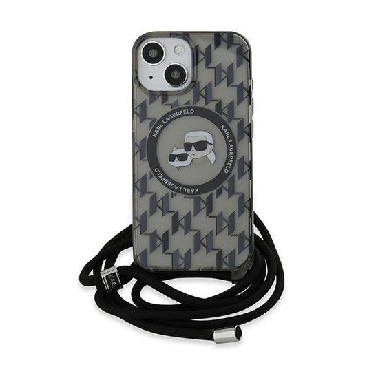 Θήκη MagSafe για Apple iPhone 15, Karl Lagerfeld, IML Crossbody Monogram Karl & Choupette's Heads, Μαύρη