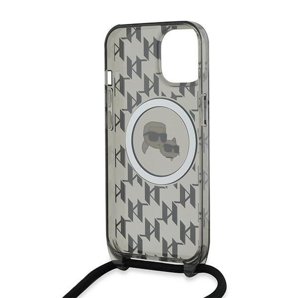 Θήκη MagSafe για Apple iPhone 15, Karl Lagerfeld, IML Crossbody Monogram Karl & Choupette's Heads, Μαύρη