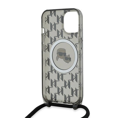 Θήκη MagSafe για Apple iPhone 15, Karl Lagerfeld, IML Crossbody Monogram Karl & Choupette's Heads, Μαύρη