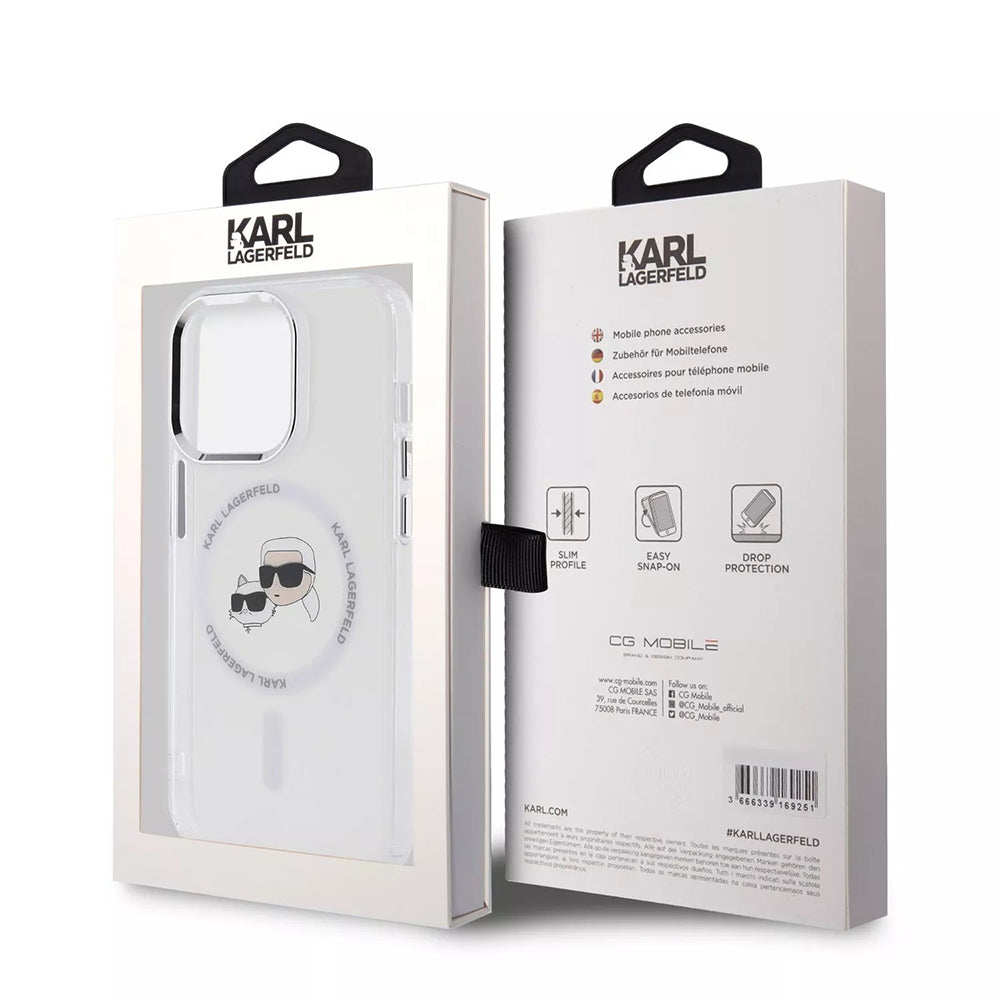 Θήκη MagSafe για Apple iPhone 15, Karl Lagerfeld, IML Metal Karl & Choupette's Heads, Διάφανη