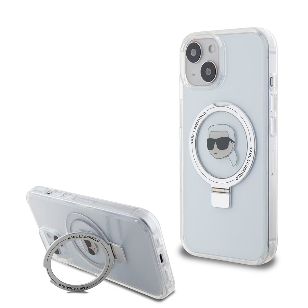 Θήκη MagSafe για Apple iPhone 15, Karl Lagerfeld, Ring Stand Karl's Head, Λευκή