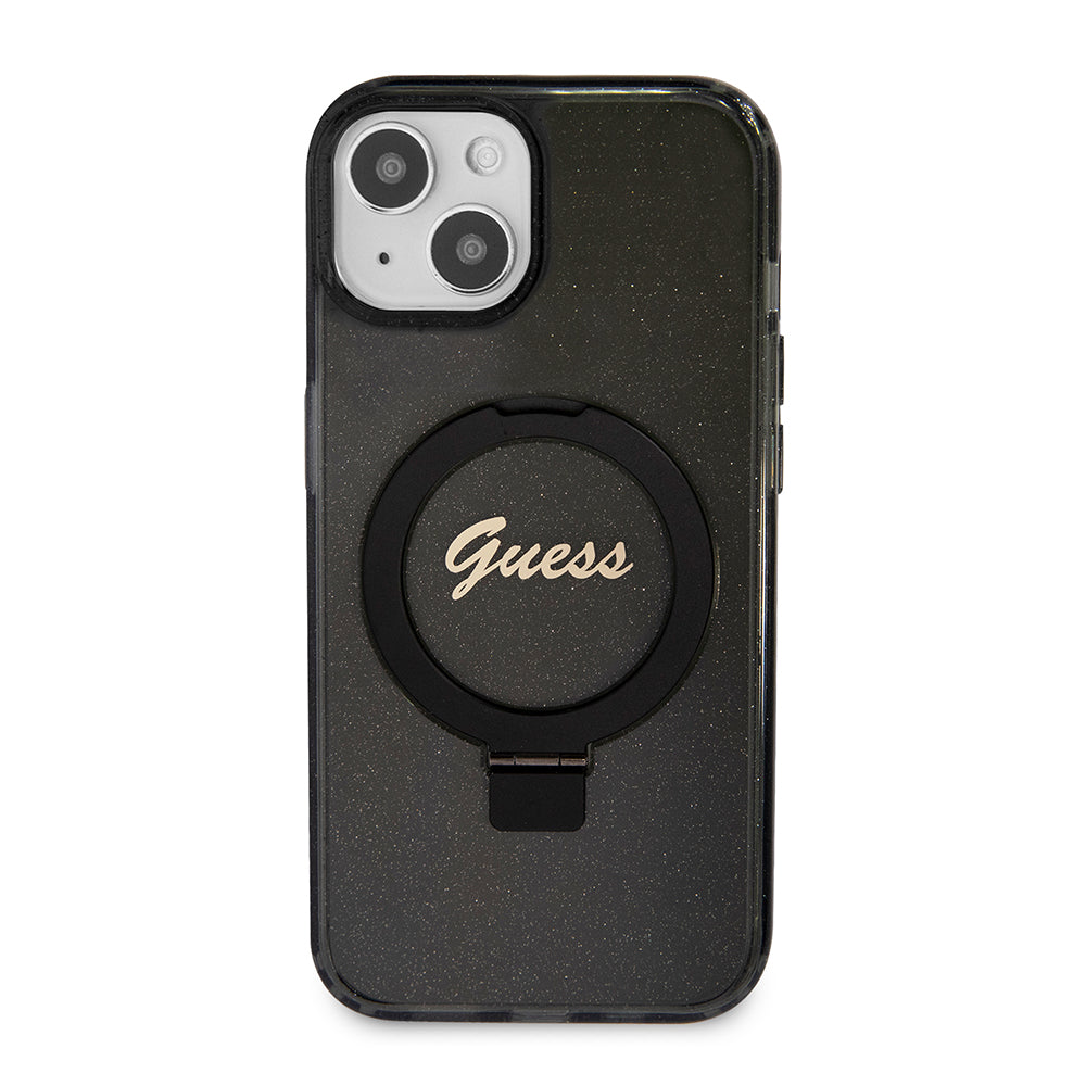 Θήκη MagSafe για Apple iPhone 15 Plus, Guess, Ring Stand Script Glitter, Μαύρη