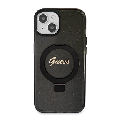 Θήκη MagSafe για Apple iPhone 15 Plus, Guess, Ring Stand Script Glitter, Μαύρη