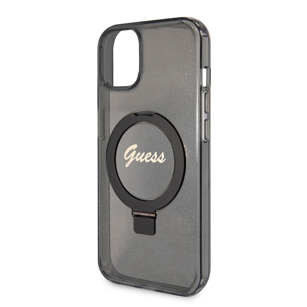 Θήκη MagSafe για Apple iPhone 15 Plus, Guess, Ring Stand Script Glitter, Μαύρη