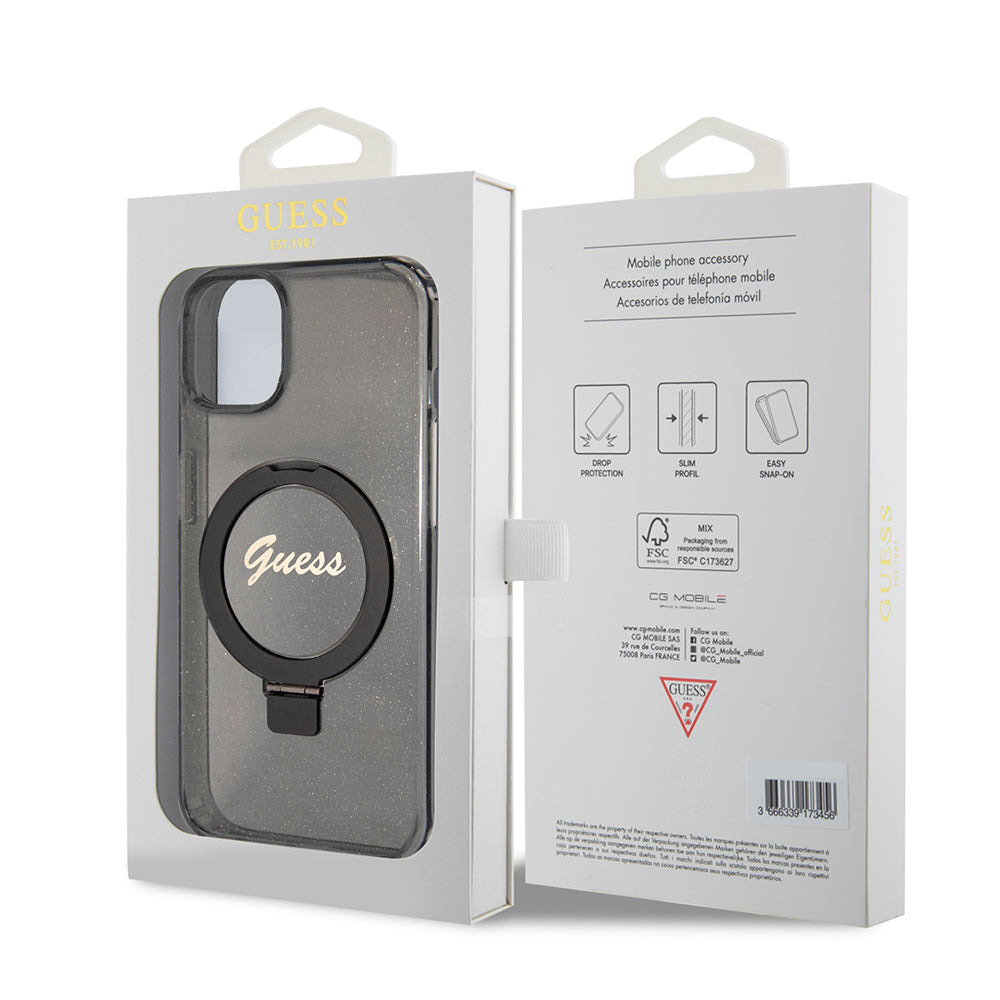 Θήκη MagSafe για Apple iPhone 15 Plus, Guess, Ring Stand Script Glitter, Μαύρη