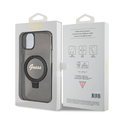 Θήκη MagSafe για Apple iPhone 15 Plus, Guess, Ring Stand Script Glitter, Μαύρη