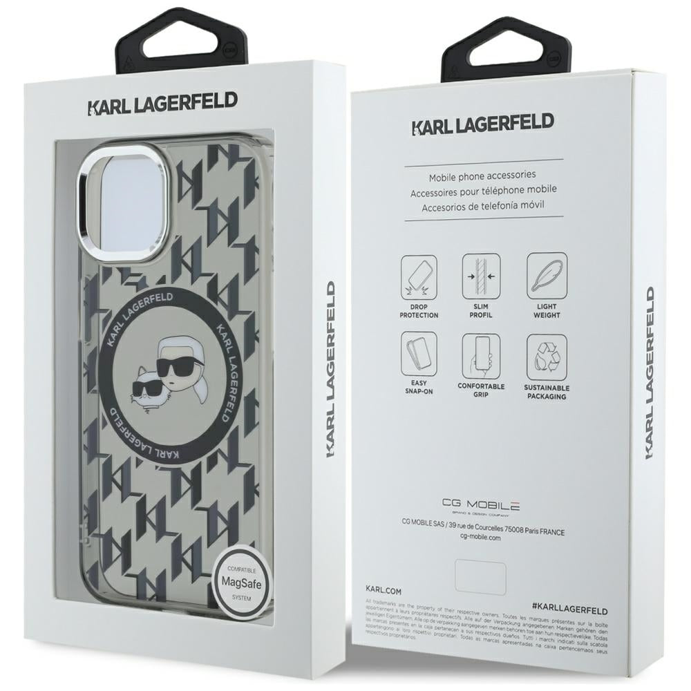 Θήκη MagSafe για Apple iPhone 15 Plus, Karl Lagerfeld, IML Monogram Karl & Choupette's Heads, Μαύρη
