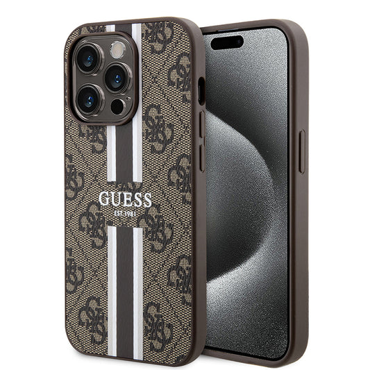 Θήκη MagSafe για Apple iPhone 15 Pro, Guess, 4G Printed Stripes, Καφέ