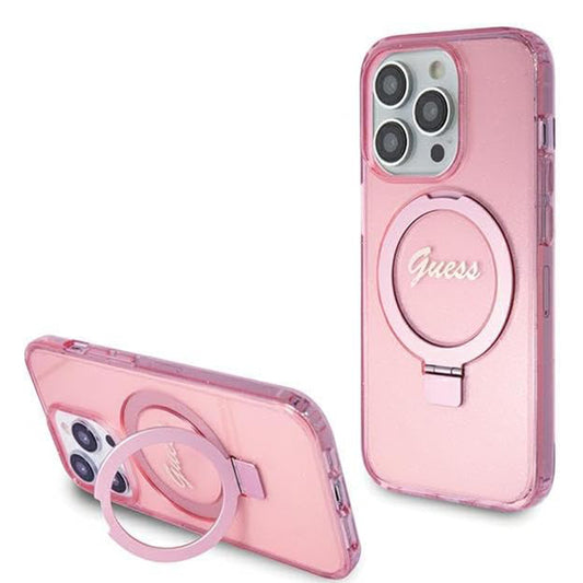 Θήκη MagSafe για Apple iPhone 15 Pro, Guess, IML Ring Stand Glitter, Ροζ