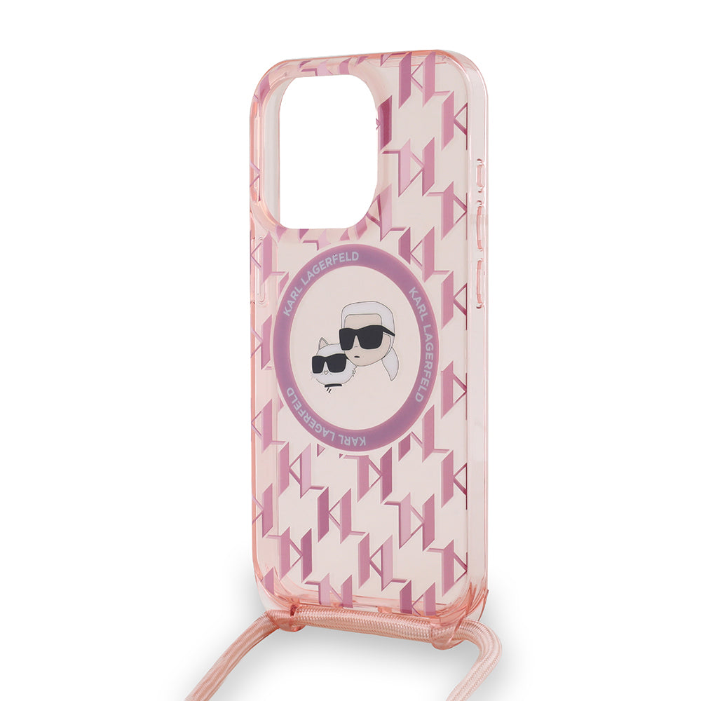 Θήκη MagSafe για Apple iPhone 15 Pro, Karl Lagerfeld, IML Crossbody Monogram Karl & Choupette's Heads, Ροζ