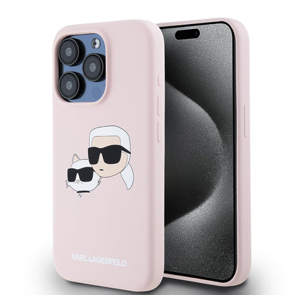 Θήκη MagSafe για Apple iPhone 15 Pro, Karl Lagerfeld, Σιλικόνη Karl & Choupette's Heads, Ροζ