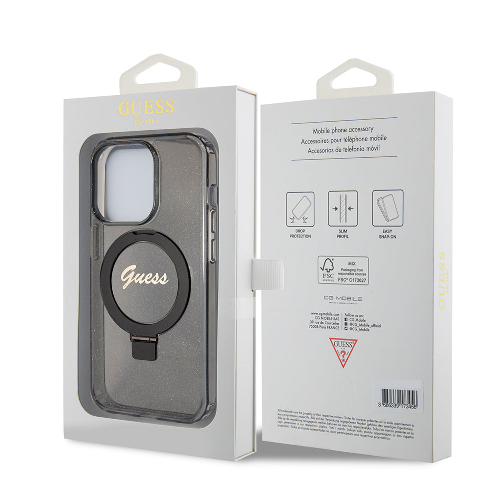 MagSafe Case for Apple iPhone 15 Pro Max, Guess, IML Ring Stand Glitter, Black