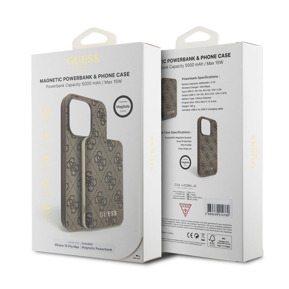 MagSafe Case for Apple iPhone 15 Pro Max, Guess, Powerbank 4G Metal Logo, Brown