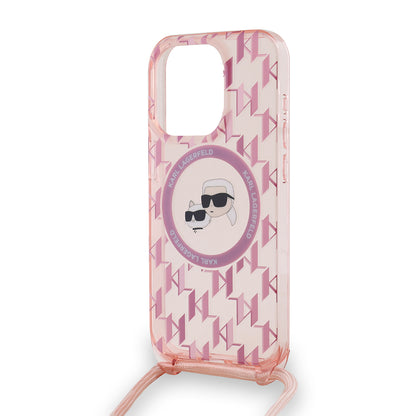 MagSafe Case for Apple iPhone 15 Pro Max, Karl Lagerfeld, IML Crossbody Monogram Karl & Choupette's Heads, Pink